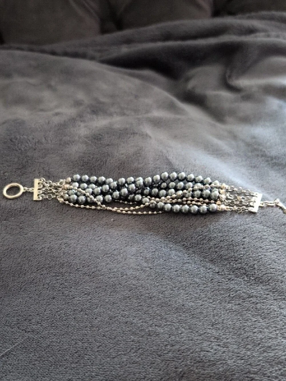 Multi-Strand Blue Bead Bracelet with Silver Chains And Matching Earrings Set